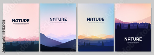 Vector illustration. Set of natural scene landscapes. Polygonal mountains, forest trees, clear sky. Geometric minimalist flat style. Design for poster, magazine, book cover, layout, flyer, brochure