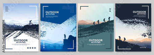Vector illustration. Travel concept of discovering, exploring and observing nature. Tourists have hiking trip. Travelers climb with backpack and travel walking sticks. Website template. Flat landscape