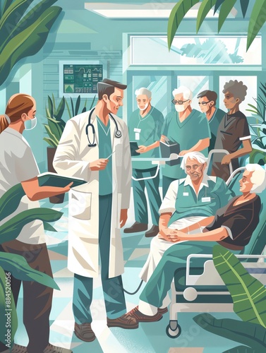 Create an illustration focusing on healthcare and elderly care, featuring healthcare professionals attending to elderly patients in a well-maintained facility