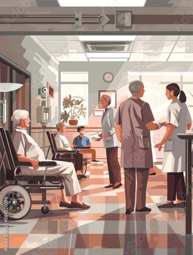 Create an illustration focusing on healthcare and elderly care, featuring healthcare professionals attending to elderly patients in a well-maintained facility