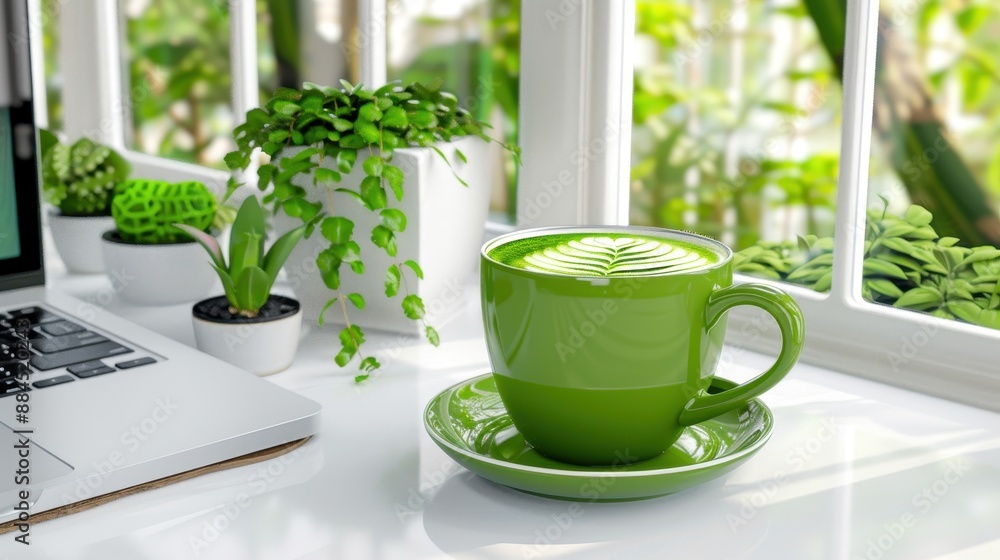 Green tea latte in a vibrant green cup on a white desk with laptop and houseplants, creating a fresh and calming workspace. Green tea latte in a vibrant green cup on a white desk with laptop and houseplants, creating a fresh and calming workspace.