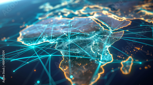 High-tech representation of Africa on a digital map, with interconnected nodes and lines signifying high-speed data transfer and global network. photo