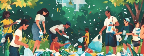 Design an illustration promoting plastic reduction, showing a community cleanup event with people of different ages and ethnicities collecting plastic waste
