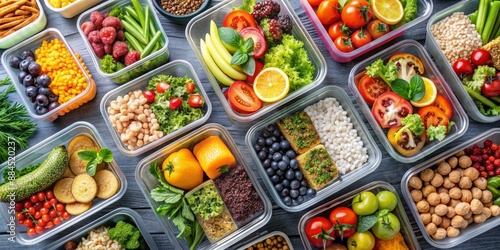 Healthy Meal Prep Containers -  Top View of Various Fruits, Vegetables, and Grains , meal prep, healthy eating, lunch box, food photography photo