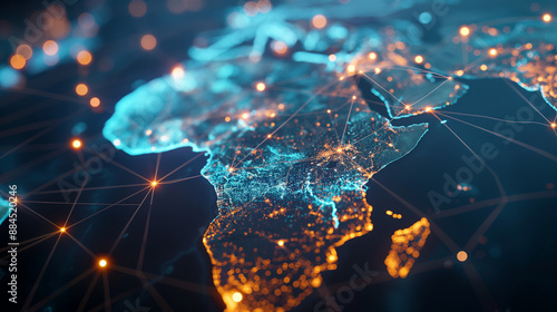 Africa illuminated on a digital map with bright lines and data nodes, emphasizing global connectivity and advanced cyber infrastructure. © Maksym