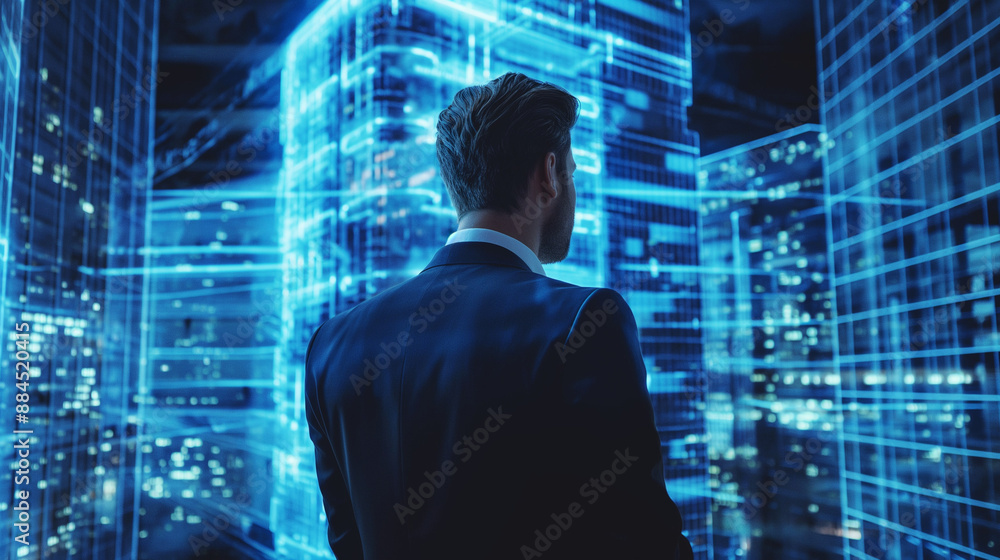 Businessman with a detailed blue hologram of a contemporary urban building, highlighting prime real estate investments.