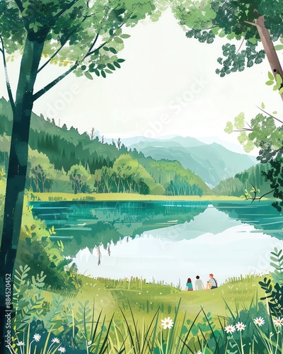 Illustrate a scene advocating for clean water protection, depicting a serene lake surrounded by lush greenery with people enjoying the natural beauty