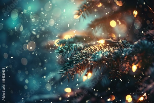 Captivating closeup of an enchanted winter wonderland scene with snowflakes. Pine branches. Festive lights. And a magical atmosphere