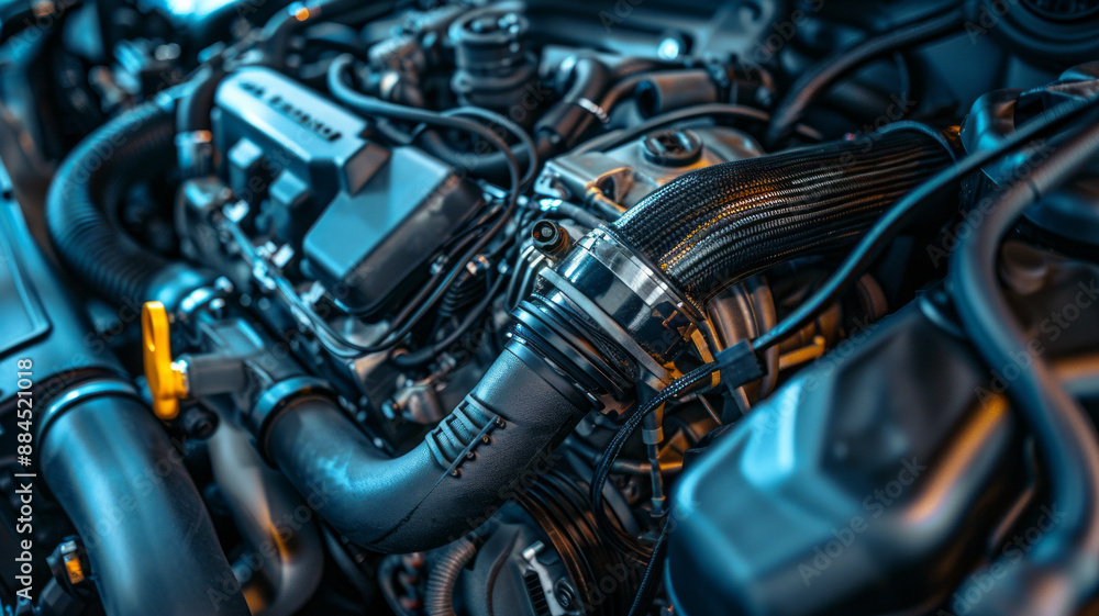 Fototapeta premium car engine with black hoses.generative ai