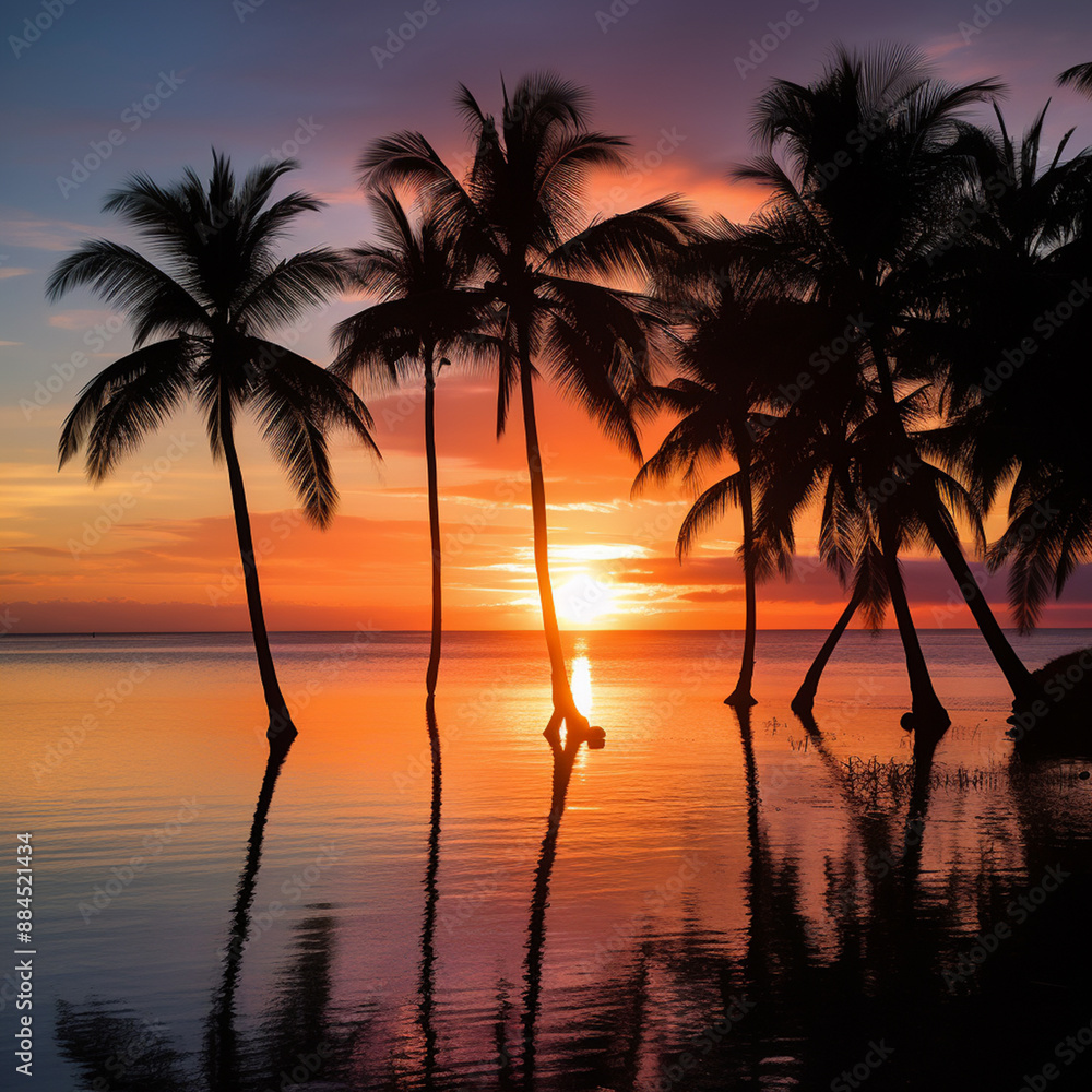 Obraz premium Photo a closeup shot of silhouettes of palm trees near the sea at sunset