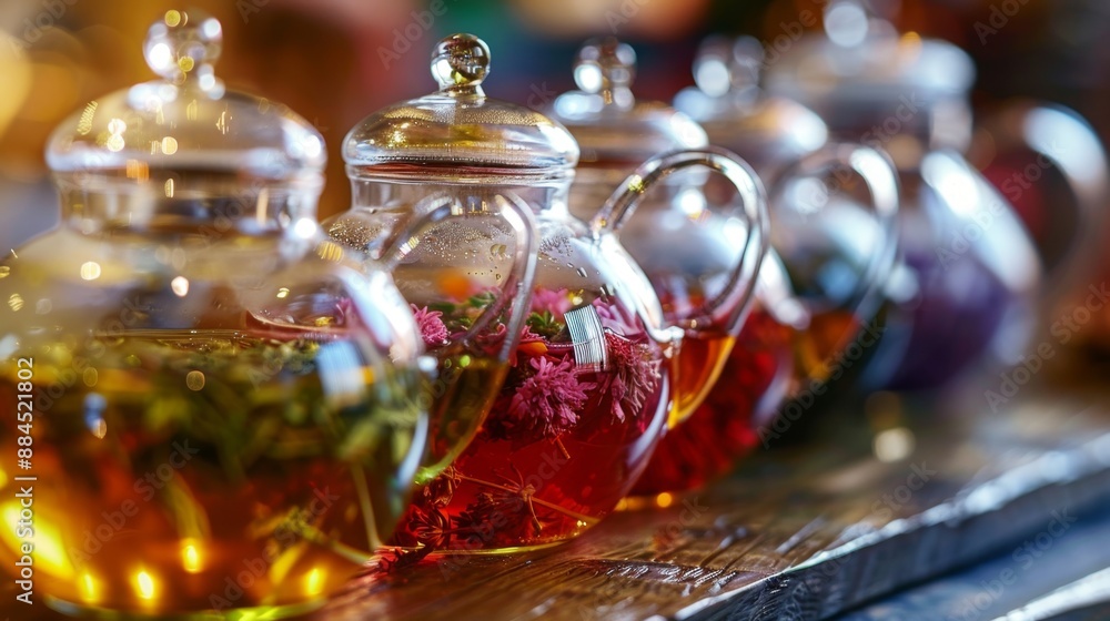 A glass teapot filled with colorful herbal tea, featuring an array of vibrant herbs and flowers, A glass teapot filled with colorful herbal tea, featuring an array of vibrant herbs and flowers,