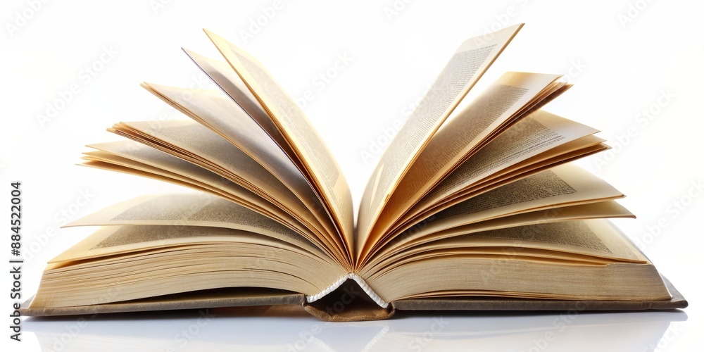 Fototapeta premium Open Book with Fanned Pages on White Background, Book, Literature, Reading, Knowledge