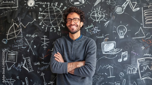 Man standing in front of a blackboard, smiling with arms crossed