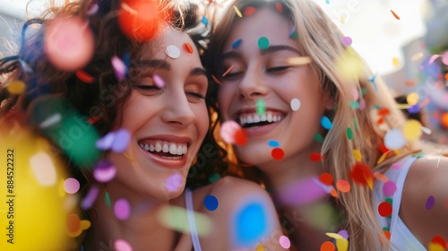 Joyful Young Women Celebrating at Gay Pride Event with Colorful Confetti