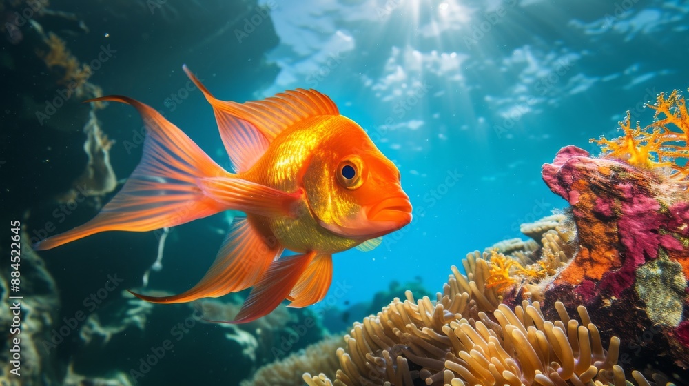 Fototapeta premium Vibrant underwater photograph of a sea goldie fish swimming near a coral reef