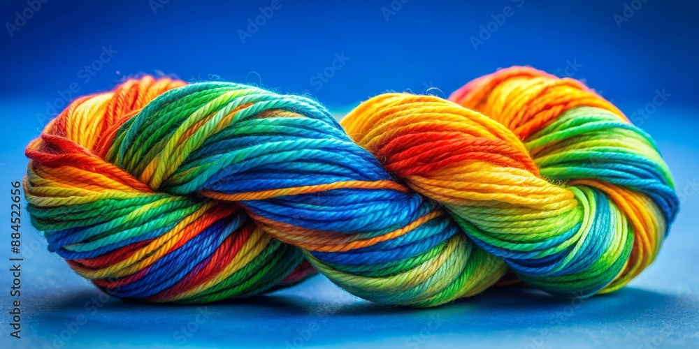 Rainbow Yarn Knot on Blue Background, yarn, rainbow, colorful, craft
