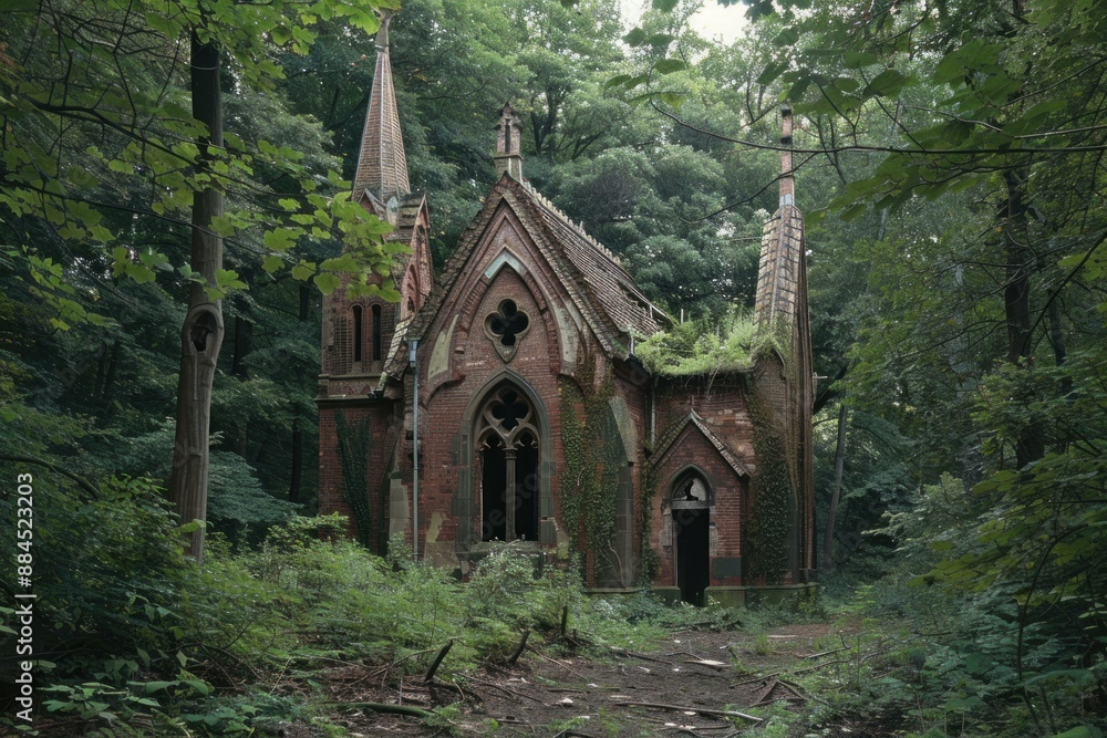 Eerie image of a desolate gothic chapel surrounded by dense, overgrown foliage in a serene forest Eerie image of a desolate gothic chapel surrounded by dense, overgrown foliage in a serene forest