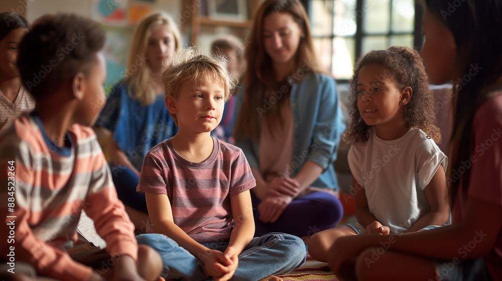 Children and a teacher sitting in a circle, engaged in a story about kindness, warm and inclusive, left third copy space Children and a teacher sitting in a circle, engaged in a story about kindness, warm and inclusive, left third copy space