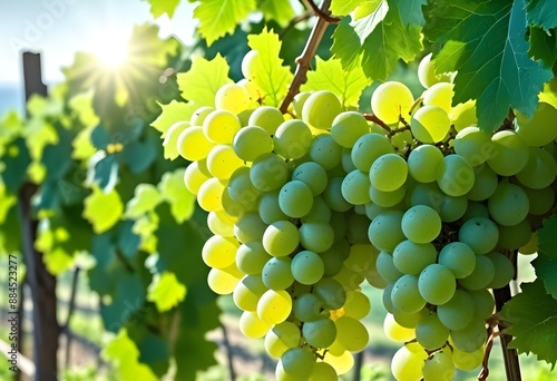 Clusters of green grapes hanging on a vine with leaves, in a sunny vineyard photo