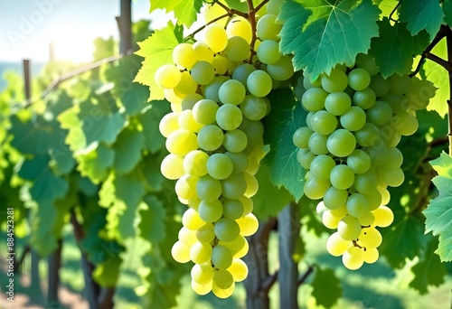 Clusters of green grapes hanging on a vine with leaves, in a sunny vineyard photo