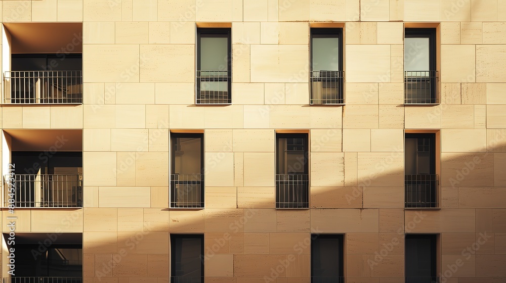 Fototapeta premium Part of multicolored building facade at sunset. Aerial view
