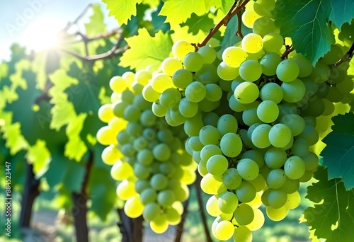 Clusters of green grapes hanging on a vine with leaves, in a sunny vineyard photo