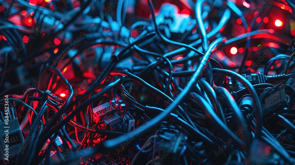 A chaotic pile of computer cables depicted in abstract illustration under soft, diffused lighting A chaotic pile of computer cables depicted in abstract illustration under soft, diffused lighting