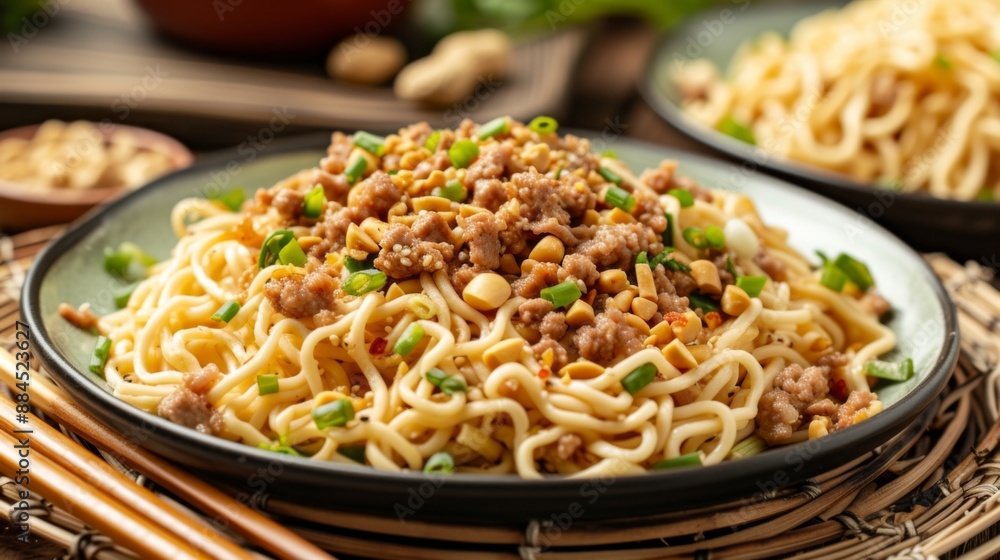 Plate of brothless Dandan noodles garnished with minced meat Plate of brothless Dandan noodles garnished with minced meat