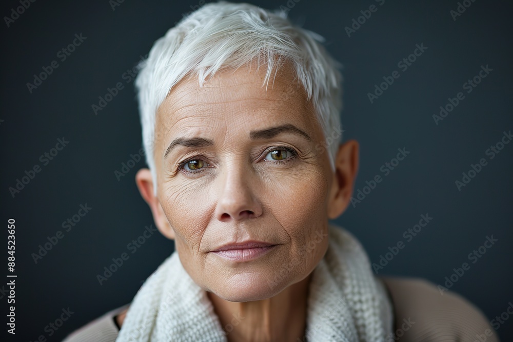 Mature woman, close up, studio lighting, horizontal composition, white background Mature woman, close up, studio lighting, horizontal composition, white background