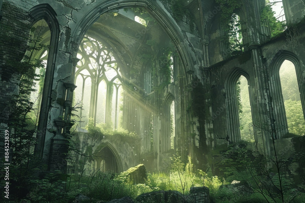 Sunlight streams through an ancient, ivycovered church ruins in a lush forest Sunlight streams through an ancient, ivycovered church ruins in a lush forest