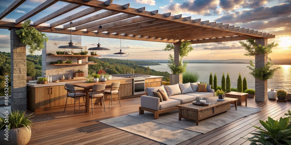 Fototapeta premium Sunset View Deck with Pergola, Outdoor Kitchen and Lounge, Deck Design, Outdoor Living, Sunset, Lake, Pergola