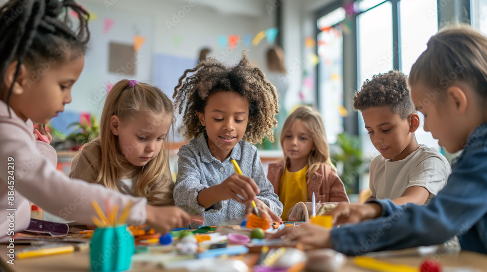 A diverse group of children working together on a classroom project, inclusive and respectful, upper third copy space A diverse group of children working together on a classroom project, inclusive and respectful, upper third copy space