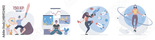 Virtual reality concept with people scenes set in flat web design. Collection of character situation with users in VR headsets paying games or doing work at interactive screens. Vector illustrations.