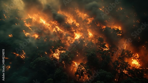 A stream of smoke and flame stretches through the tree canopies,