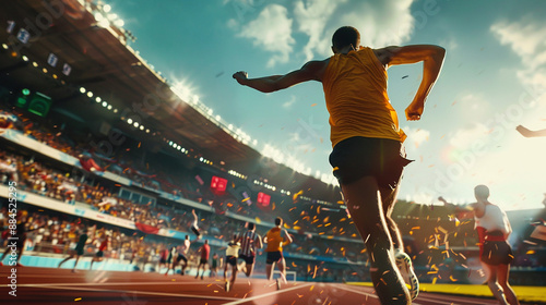 A dynamic sports event with athletes in action, a cheering crowd, and a vibrant stadium atmosphere.