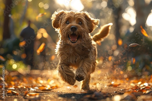 The joyous autumn day portrait of a happy brown dog running through a sunlit park with falling leaves and blurred backgrounddog photo