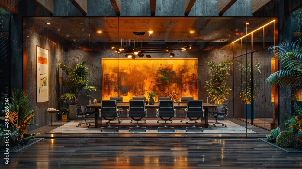 Modern corporate office conference room with black chairs, abstract art on wall, lush plants, wooden accents, and glass wall during eveningExecutive office Modern corporate office conference room with black chairs, abstract art on wall, lush plants, wooden accents, and glass wall during eveningExecutive office