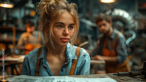 Young woman wearing glasses and denim shirt working in a creative workshop studio with focused expression and colleagues in backgroundYoung woman photo