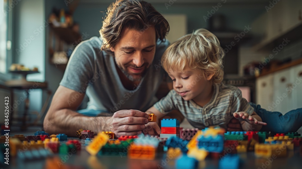 Father and young son bonding through creative play with colorful building blocks, spending quality family time together in a cozy home environmentfather and son Father and young son bonding through creative play with colorful building blocks, spending quality family time together in a cozy home environmentfather and son