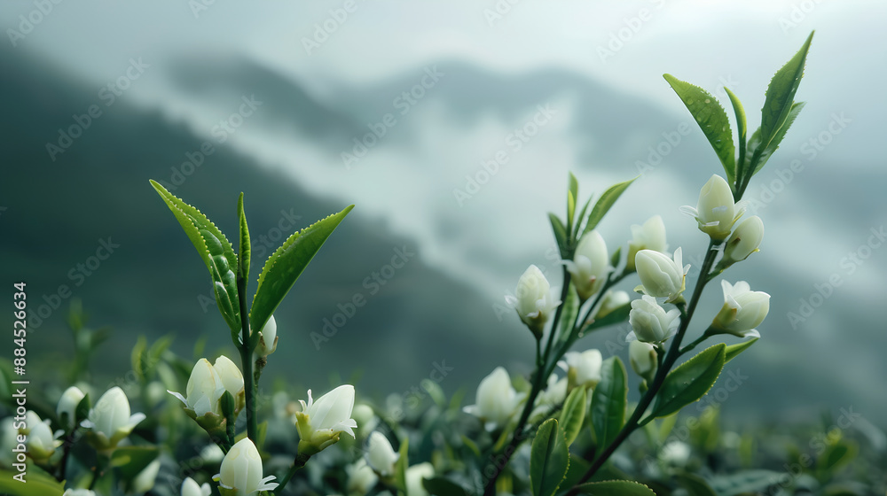 Obraz premium White tea leaves and green and white flowers