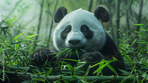 A giant panda munching on bamboo leaves in a serene bamboo forest. photo