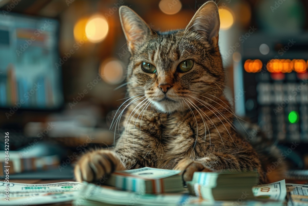 Business Cat Managing Money in Office Environment with Computers and Financial Charts, Surrounded by Stacks of Cash, Focused Expressioncat Business Cat Managing Money in Office Environment with Computers and Financial Charts, Surrounded by Stacks of Cash, Focused Expressioncat