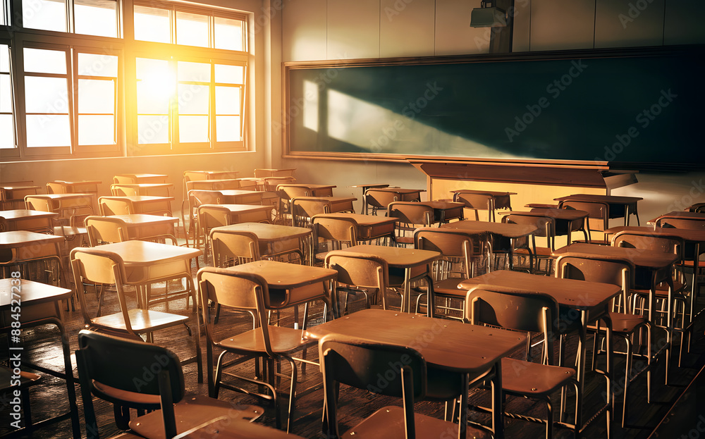 Classroom Setting An empty classroom with neatly arranged desks, a chalkboard, and sunlight streaming through the windows Classroom Setting An empty classroom with neatly arranged desks, a chalkboard, and sunlight streaming through the windows