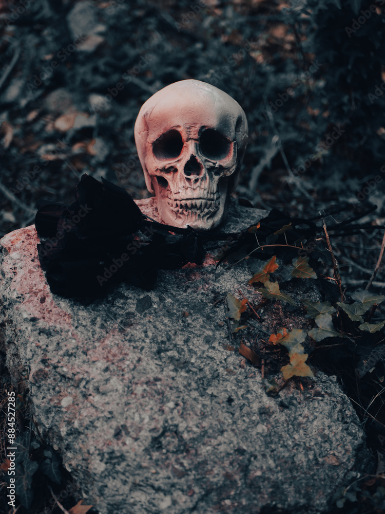 skull with black roses in a witched forest with a red light skull with black roses in a witched forest with a red light