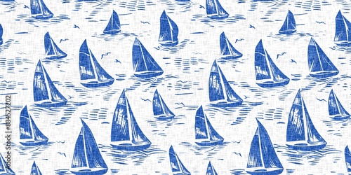 Coastal sail boat in azure ocean blue seamless border background. Modern sailing boat block print for decorative coast interior furnishing fabric for rustic linen beach cottage banner trend. 