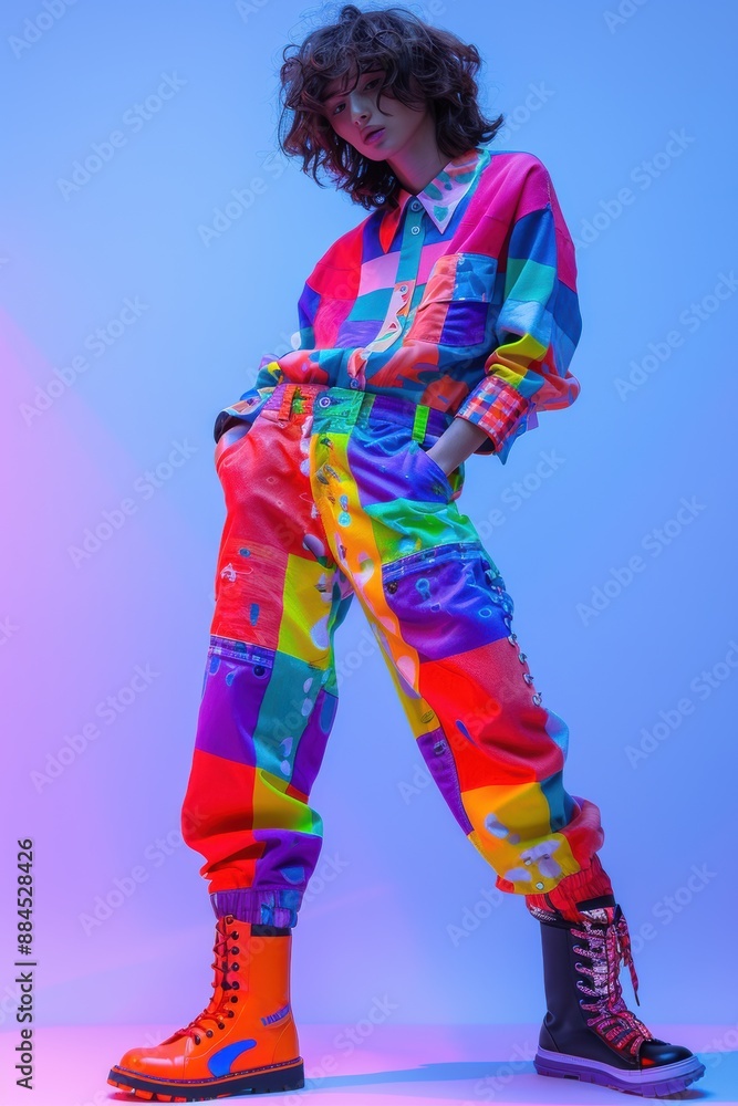 A Model Showcases Bold Patchwork Designs A Model Showcases Bold Patchwork Designs