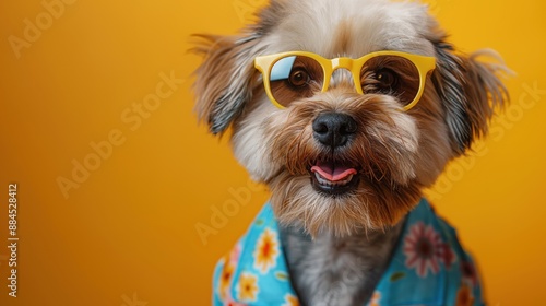 Dog wearing colorful clothes and sunglasses dancing on yellow background © Samvel