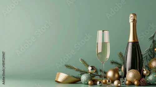 Festive Christmas background with a bottle of champagne, glasses with decorative elements, golden balls, Christmas tree and confetti. Merry Christmas and Happy New Year. photo