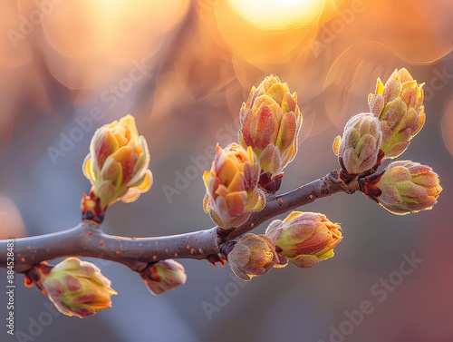 Images of the first signs of spring, such as blooming flowers, budding trees, and the reawakening of nature after winter. photo