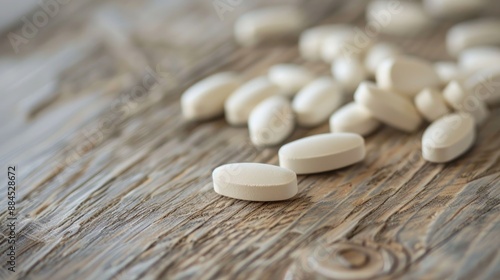 White pills on wooden surface
